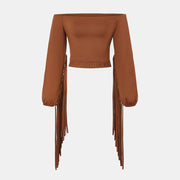 Women's Western Cowgirl  Fringe Trim Tops Sexy Off Shoulder Long Sleeve T Shirts Tassel Top