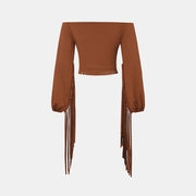 Women's Western Cowgirl  Fringe Trim Tops Sexy Off Shoulder Long Sleeve T Shirts Tassel Top