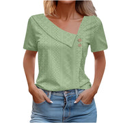 Summer V-neck Button Solid Color Loose Women's Short Sleeved T-shirts